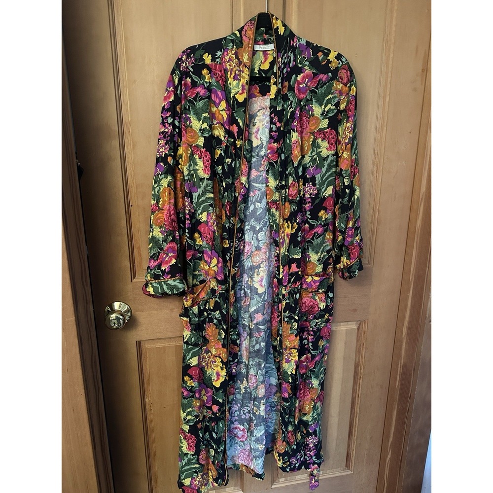 VTG Gold Label Victoria's Secret Woman Floral 80s Kimono Robe Satin Belt Swim M